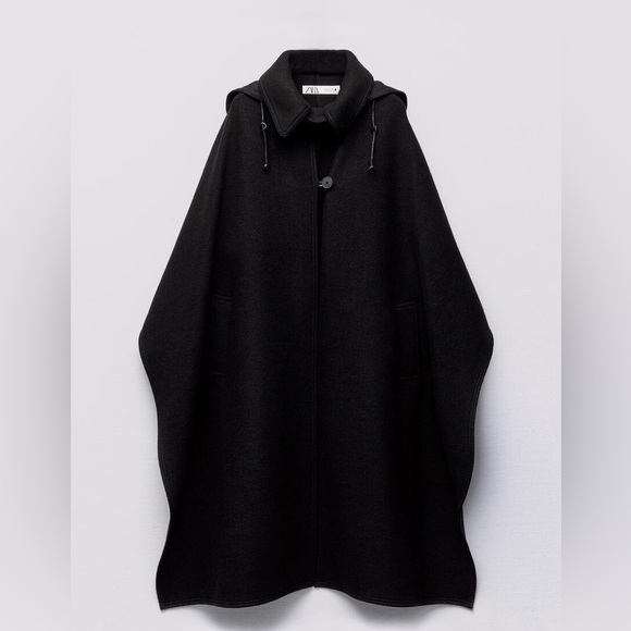 Zara HOODED WOOL CAPE. Black. One Size. New with Tags. - Picture 15 of 16